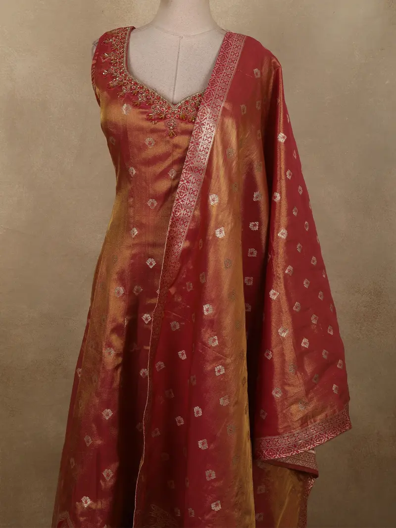 Onion Pink Butta Zari Woven Design Tissue Silk Gown With Dupatta 2