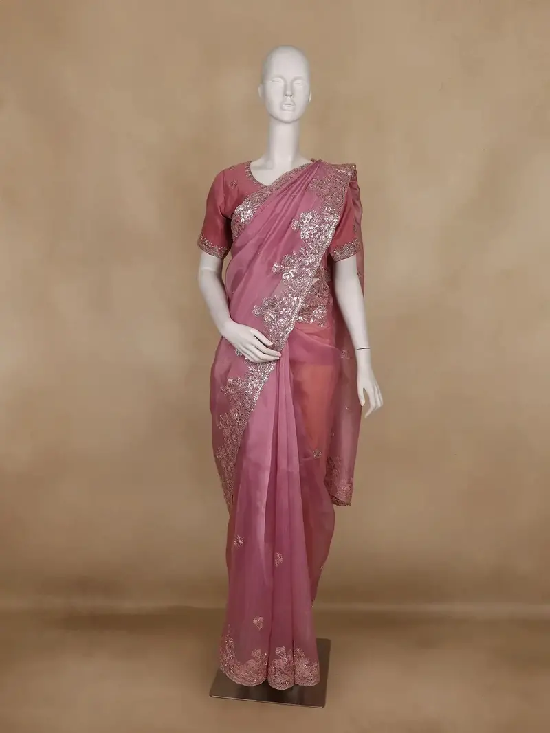 Onion Pink Embellished Design Organza Saree 1
