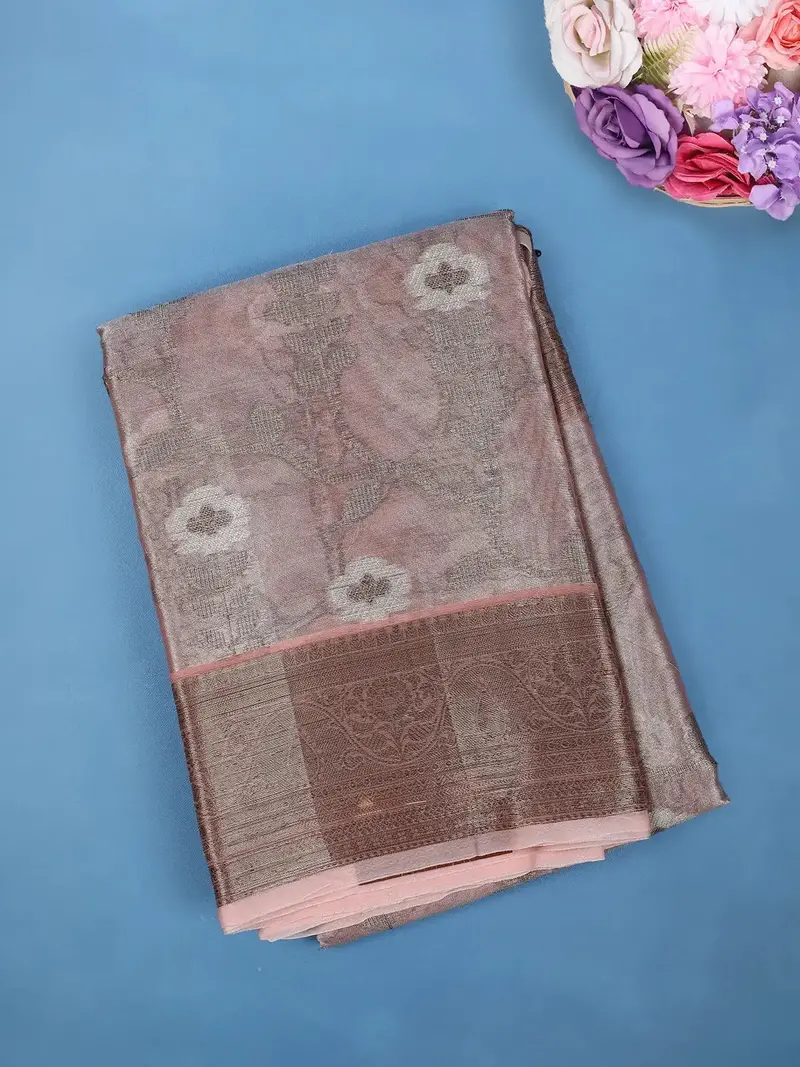 Onion Pink Floral Design Tissue Silk Saree 1