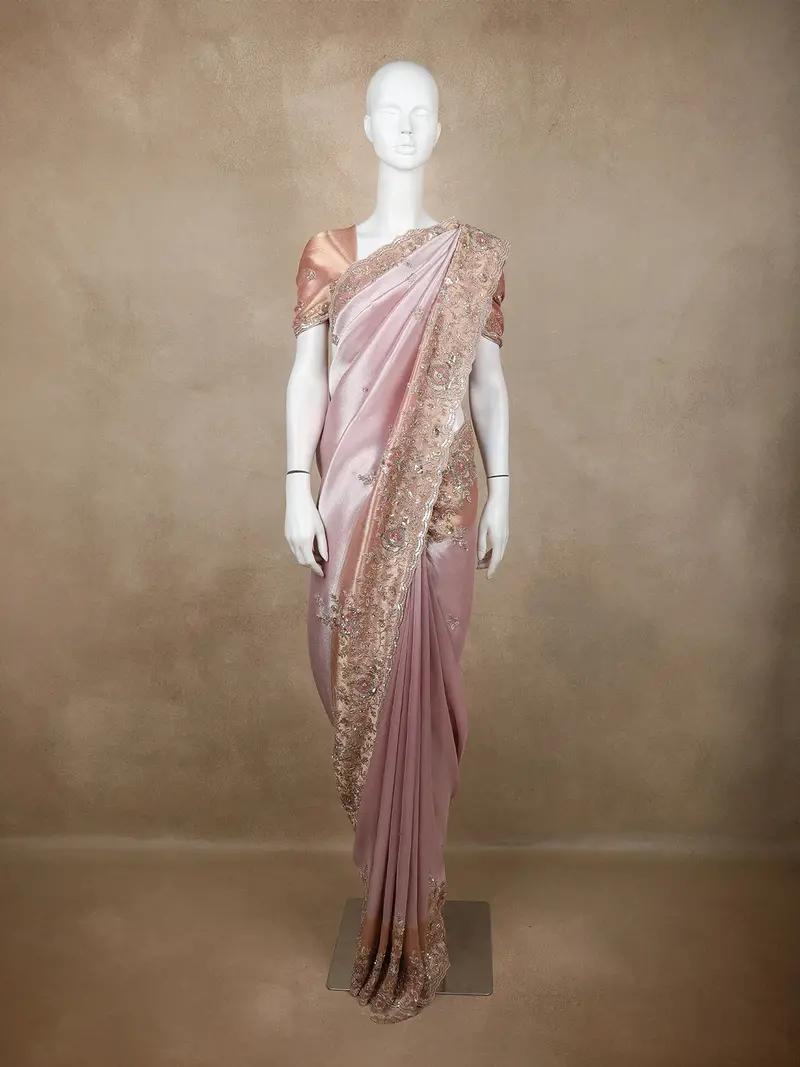 Onion Pink Floral Design Tissue Silk Saree With Designer Border 1