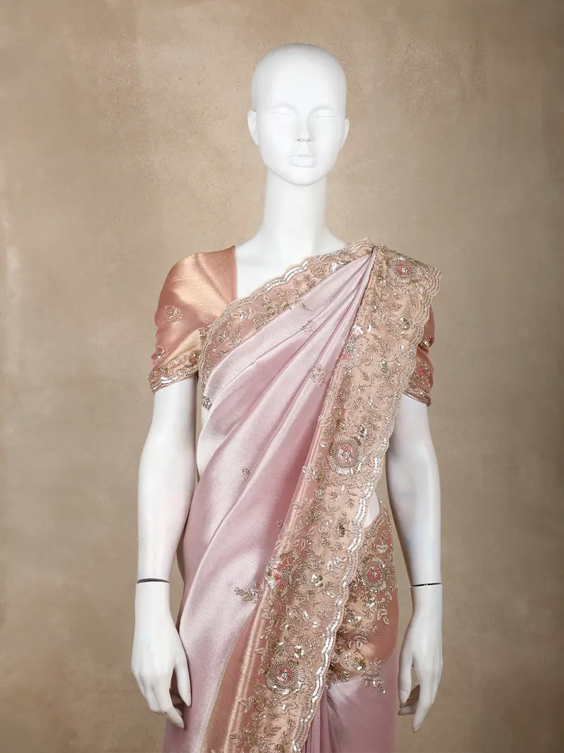 Onion Pink Floral Design Tissue Silk Saree With Designer Border 2