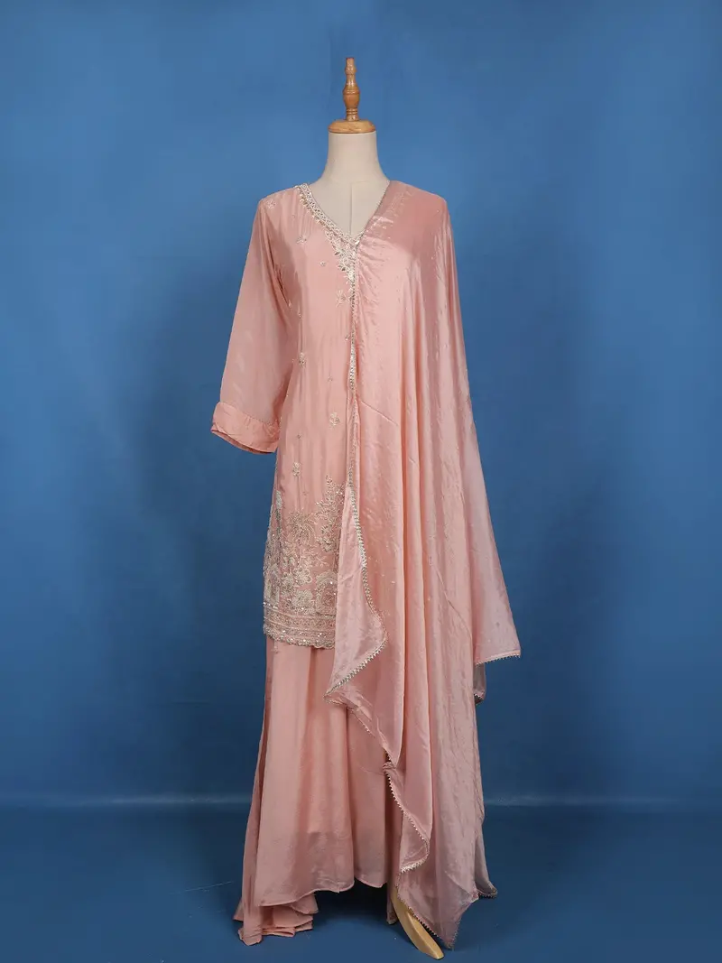 Onion Pink Floral Embroidered Crepe Palazzo Suit 1