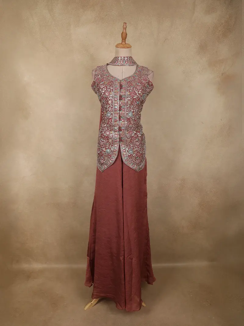 Onion Pink Floral Embroidered Design Chiffon Palazzo Suit With Dupatta 1