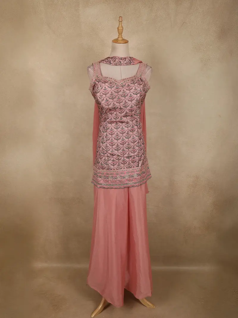 Onion Pink Floral Embroidered Design Tussar Silk Palazzo Suit With Dupatta 1