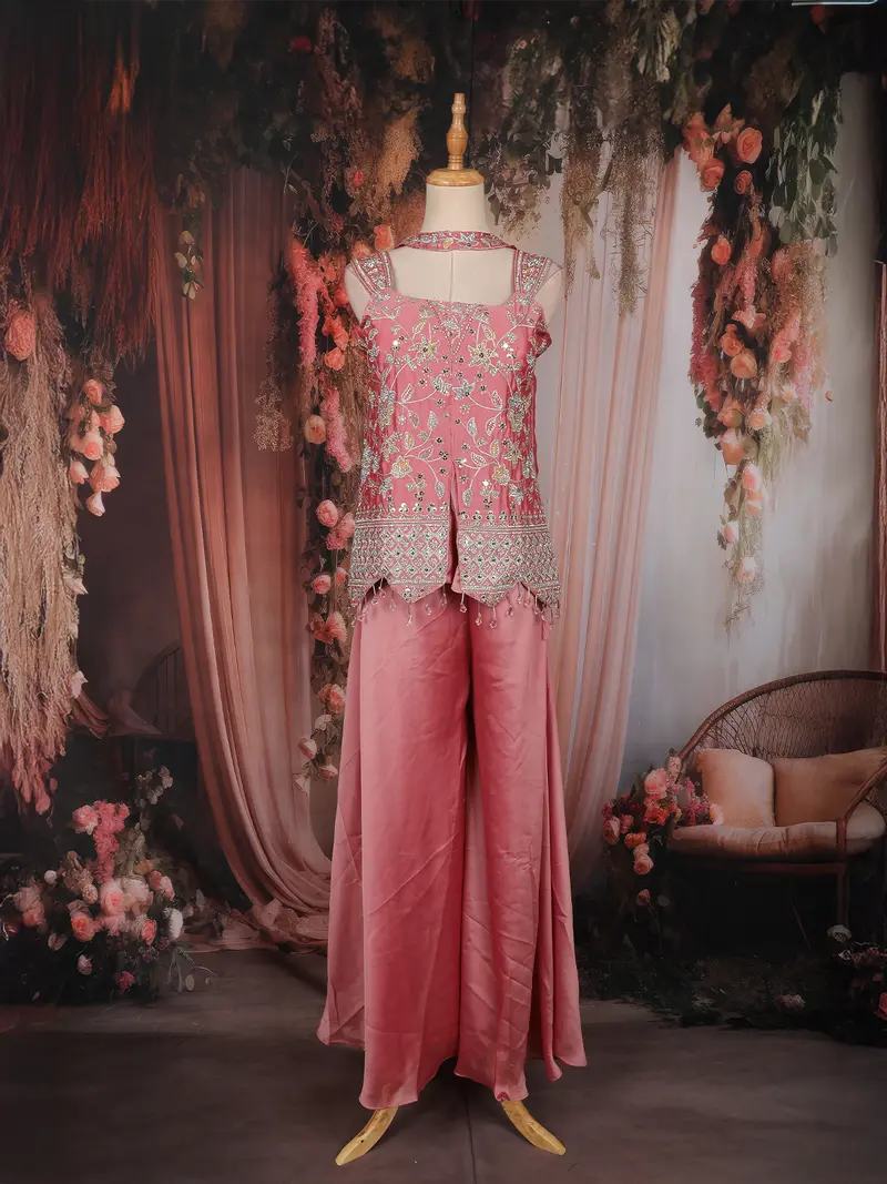 Onion Pink Floral Embroidered Georgette Palazzo Suit 1