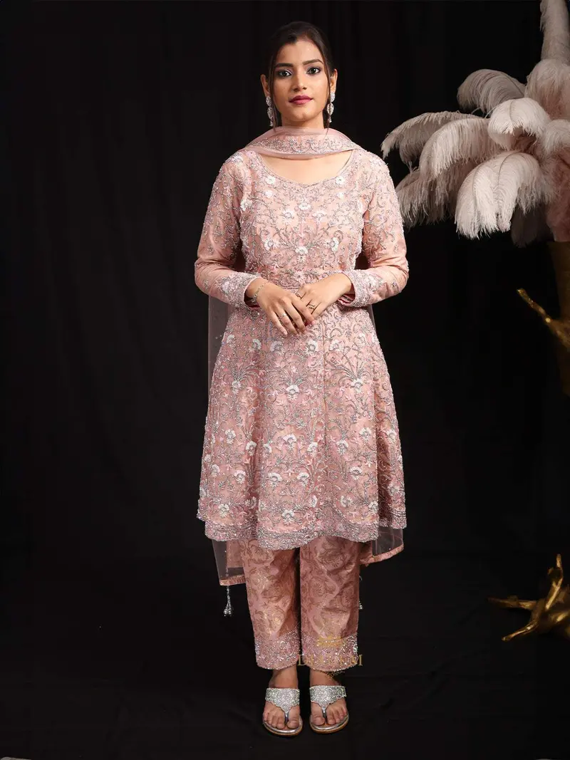 Onion Pink Floral Embroidered Net Salwar Suit 1