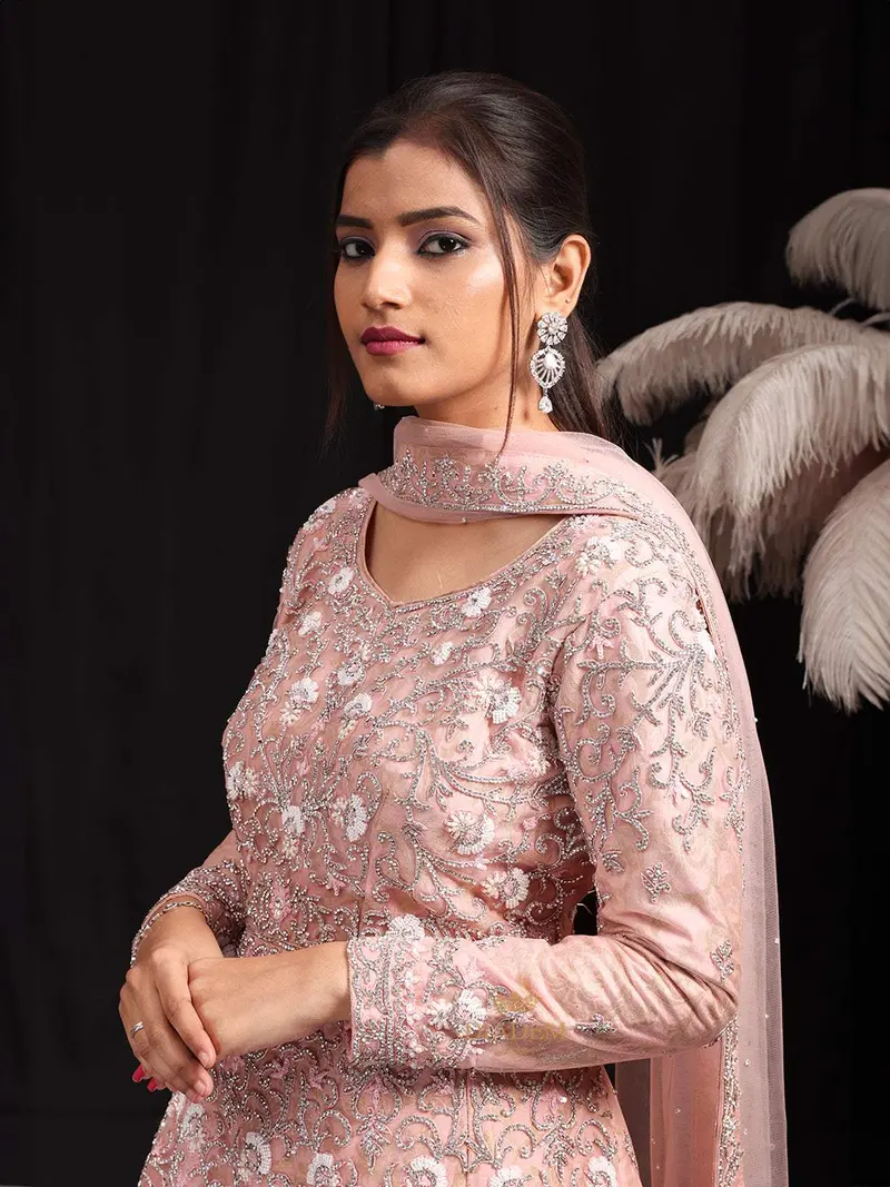 Onion Pink Floral Embroidered Net Salwar Suit 2