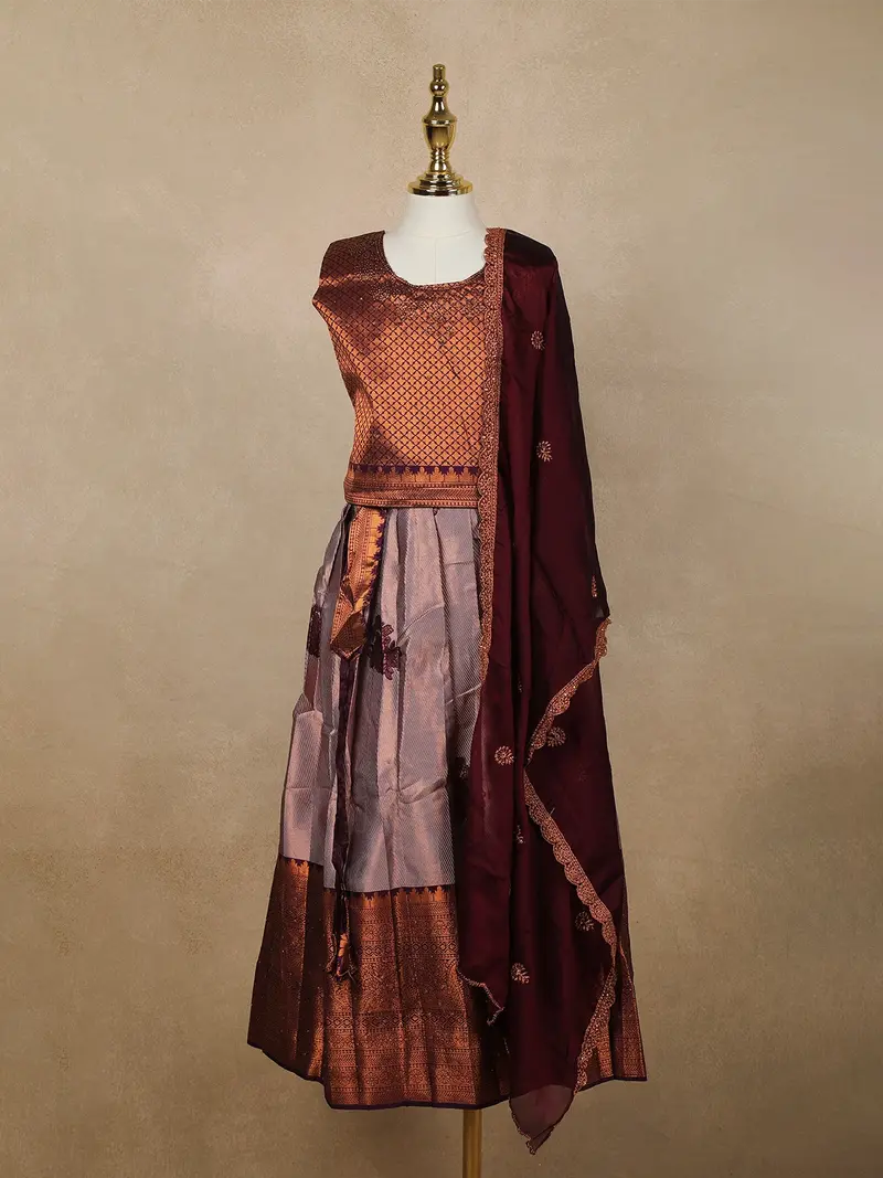 Onion Pink Floral Embroidered Raw Silk Pattu Pavadai 1