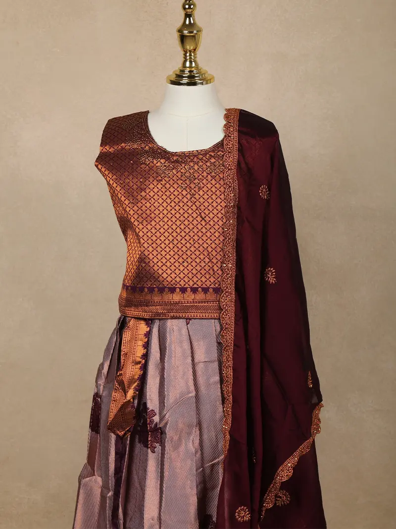 Onion Pink Floral Embroidered Raw Silk Pattu Pavadai 2