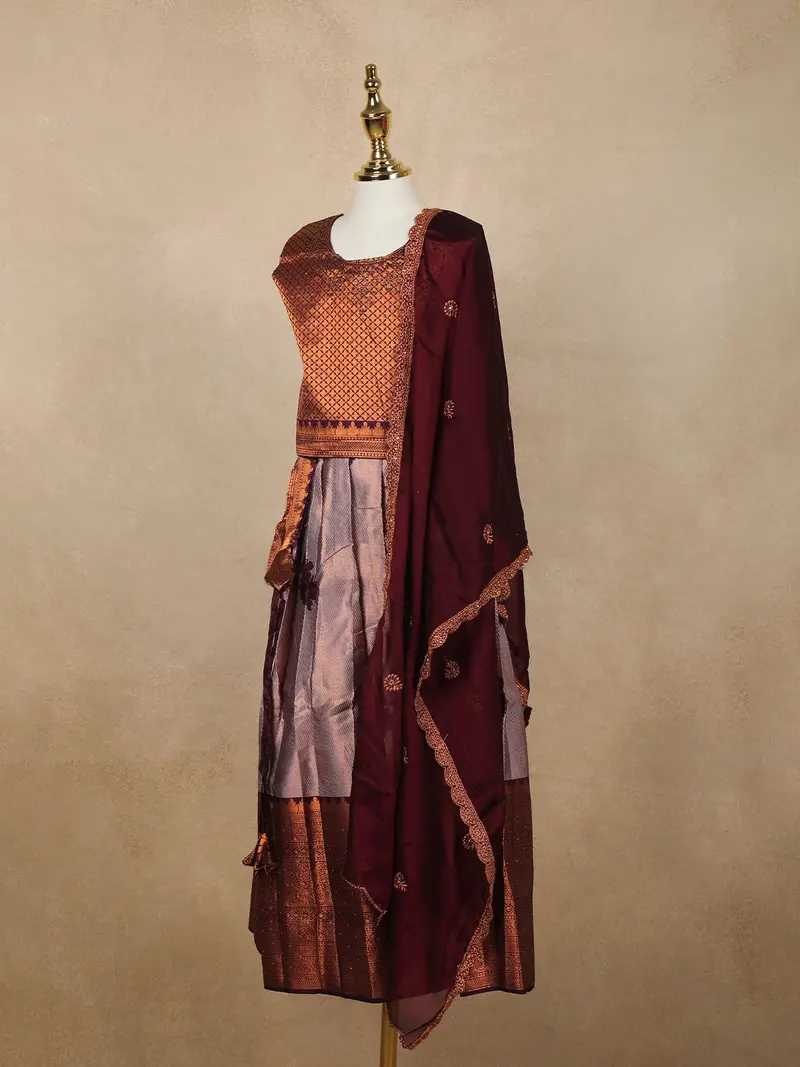 Onion Pink Floral Embroidered Raw Silk Pattu Pavadai 3