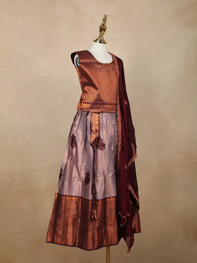 Onion Pink Floral Embroidered Raw Silk Pattu Pavadai 4