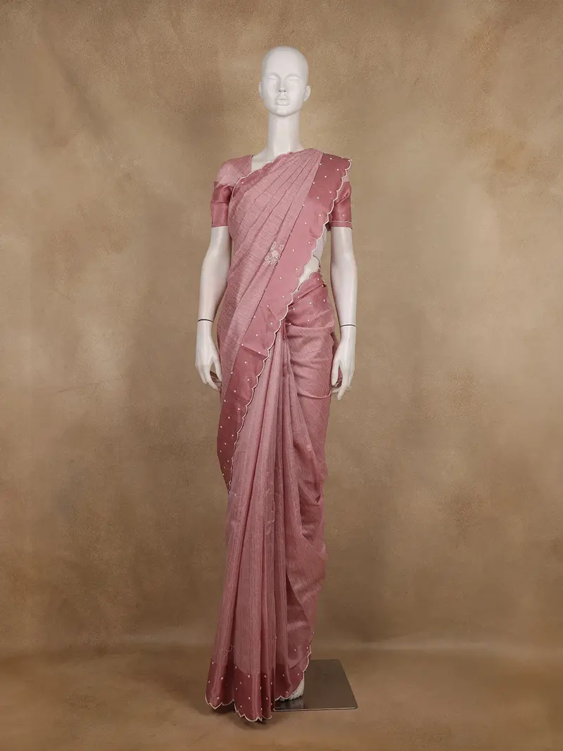 Onion Pink Floral Embroidered Raw Silk Saree 1