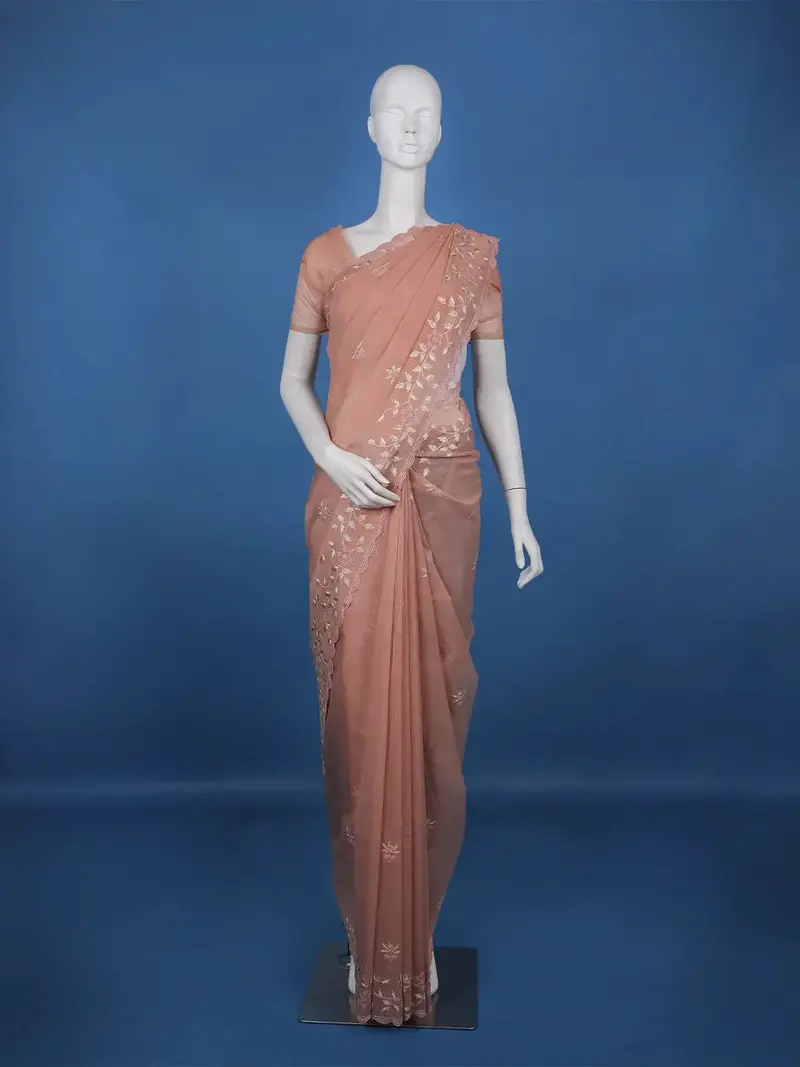 Onion Pink Floral Embroidered Semi Tissue Saree 1