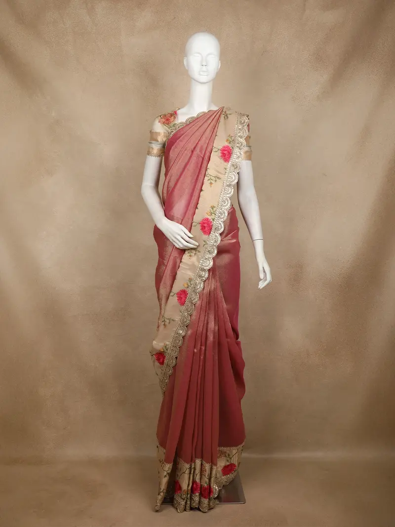 Onion Pink Floral Embroidered Tissue Saree With Sequins Designer Border 1