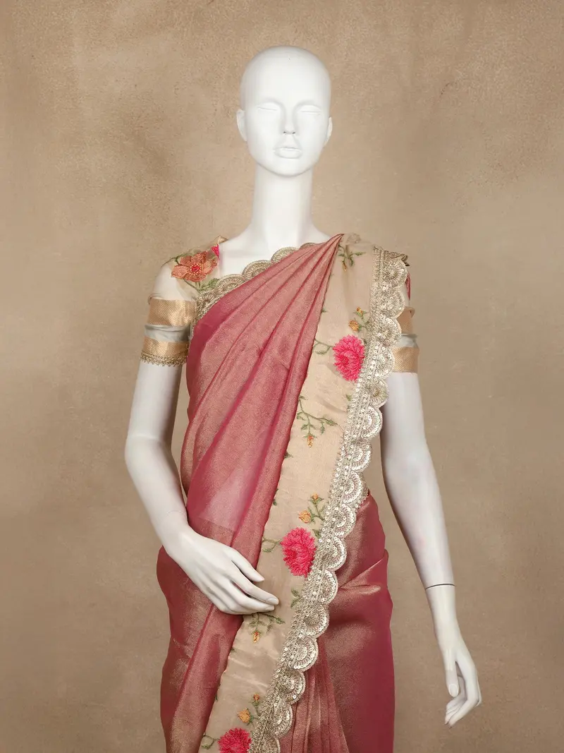 Onion Pink Floral Embroidered Tissue Saree With Sequins Designer Border 2