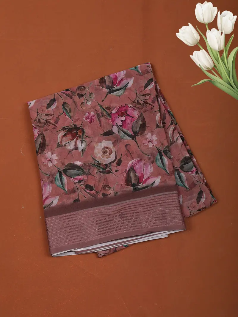 Onion Pink Floral Printed Design Chiffon Casual Saree With Striped Border 1
