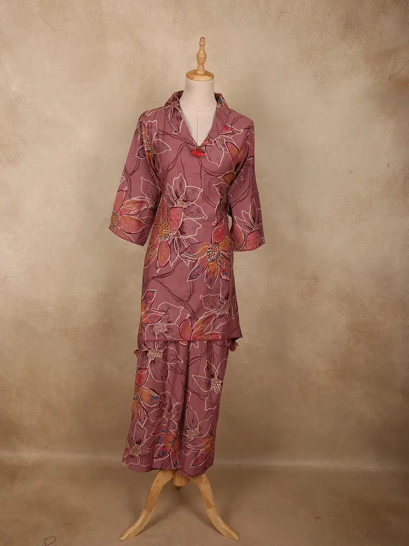 Onion Pink Floral Printed Design Cotton Co-Ord Set 1