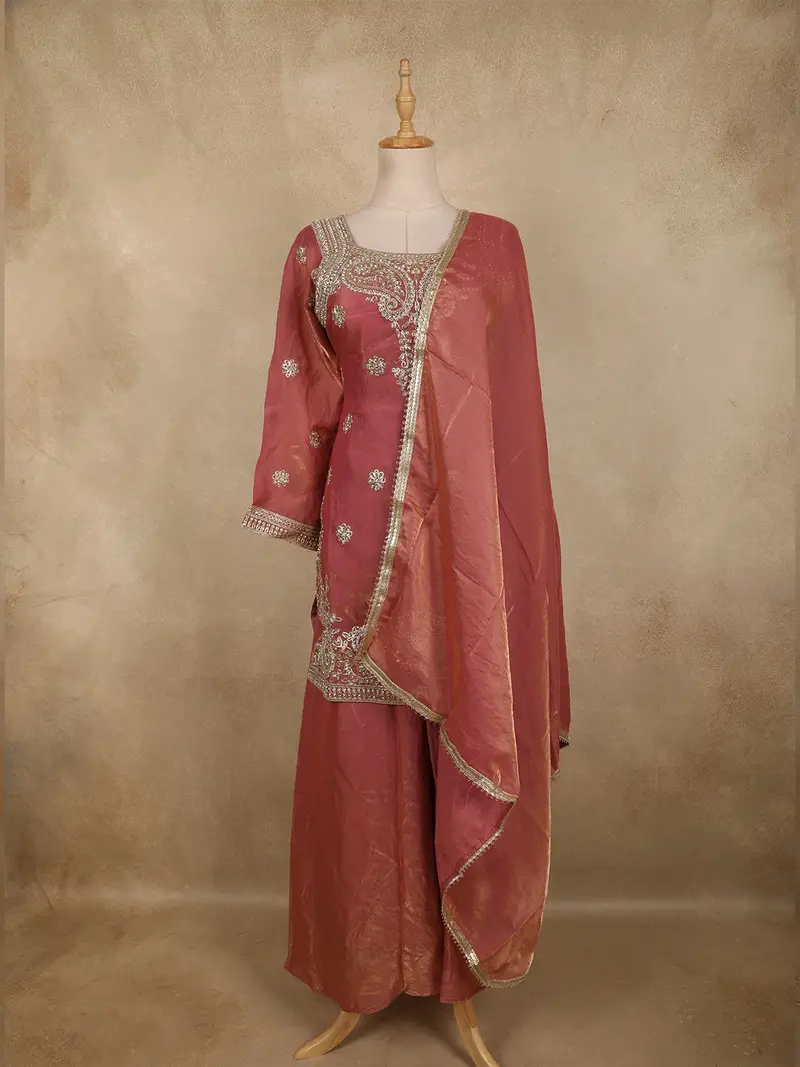 Onion Pink Floral Sequins And Beads Embroidered Design Organza Palazzo Suit With Dupatta 1