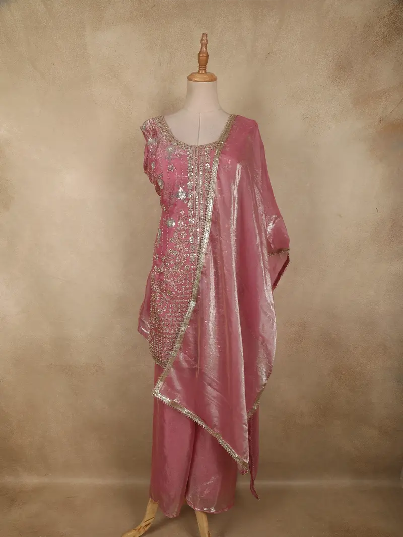 Onion Pink Floral Sequins And Beads Embroidered Design Organza Palazzo Suit With Dupatta 1