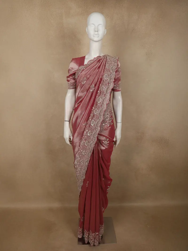 Onion Pink Floral Sequins And Beads Embroidered Design Pure Tissue Silk Designer Saree With Designer Border 1