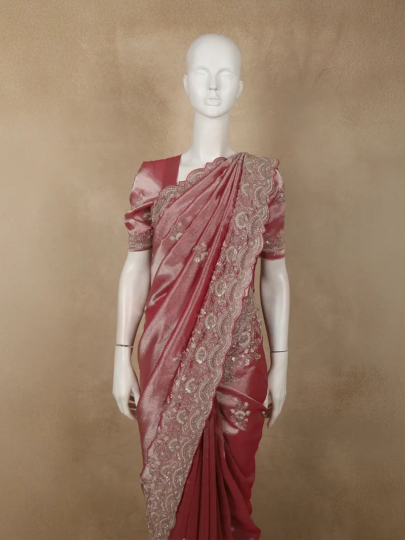 Onion Pink Floral Sequins And Beads Embroidered Design Pure Tissue Silk Designer Saree With Designer Border 2