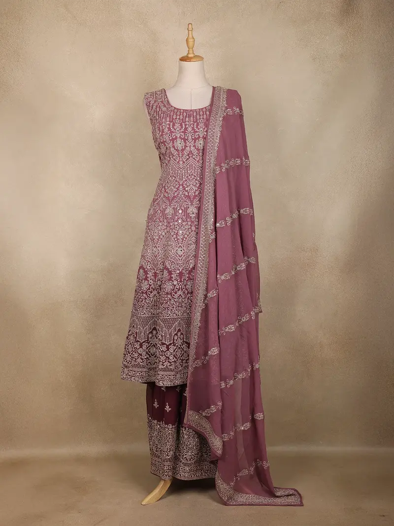 Onion Pink Floral Sequins Embroidered Georgette Palazzo Suit With Dupatta 1