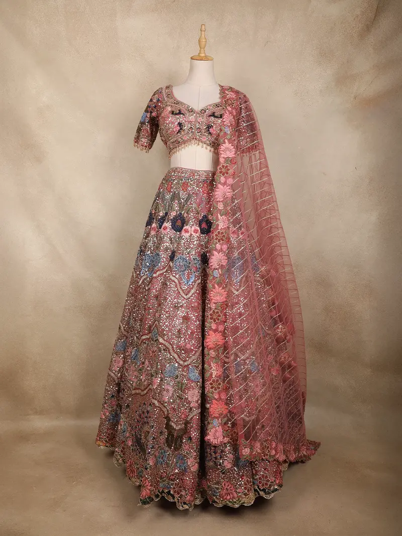 Onion Pink Floral Sequins Embroidered Net Lehenga 1