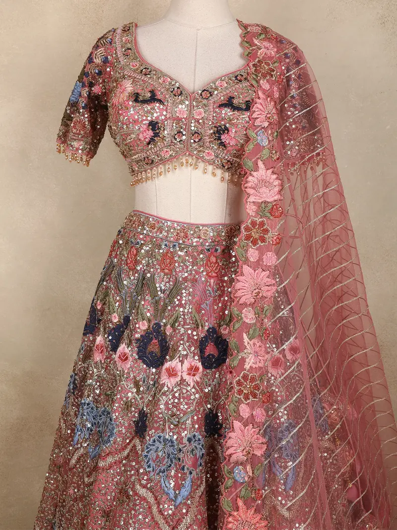 Onion Pink Floral Sequins Embroidered Net Lehenga 2
