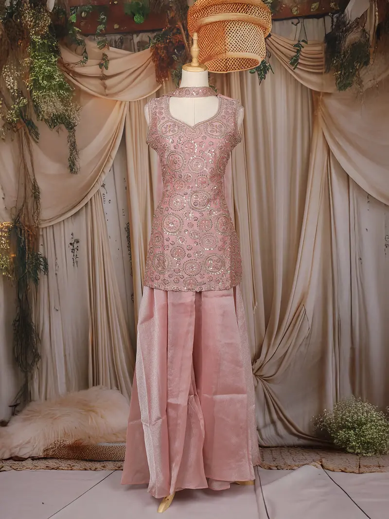 Onion Pink Floral Sequins Embroidered Organza Palazzo Suit 1