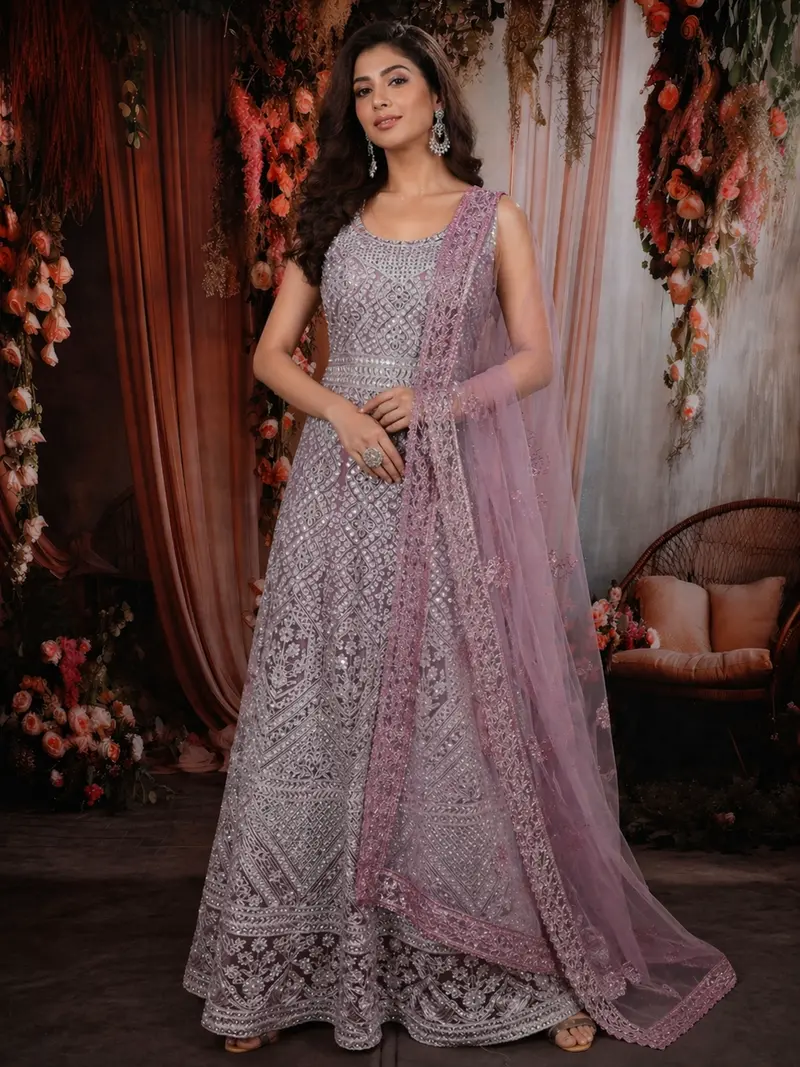 Onion Pink Floral Thread And Mirror Embroidered Design Net Anarkali Gown With Dupatta 1