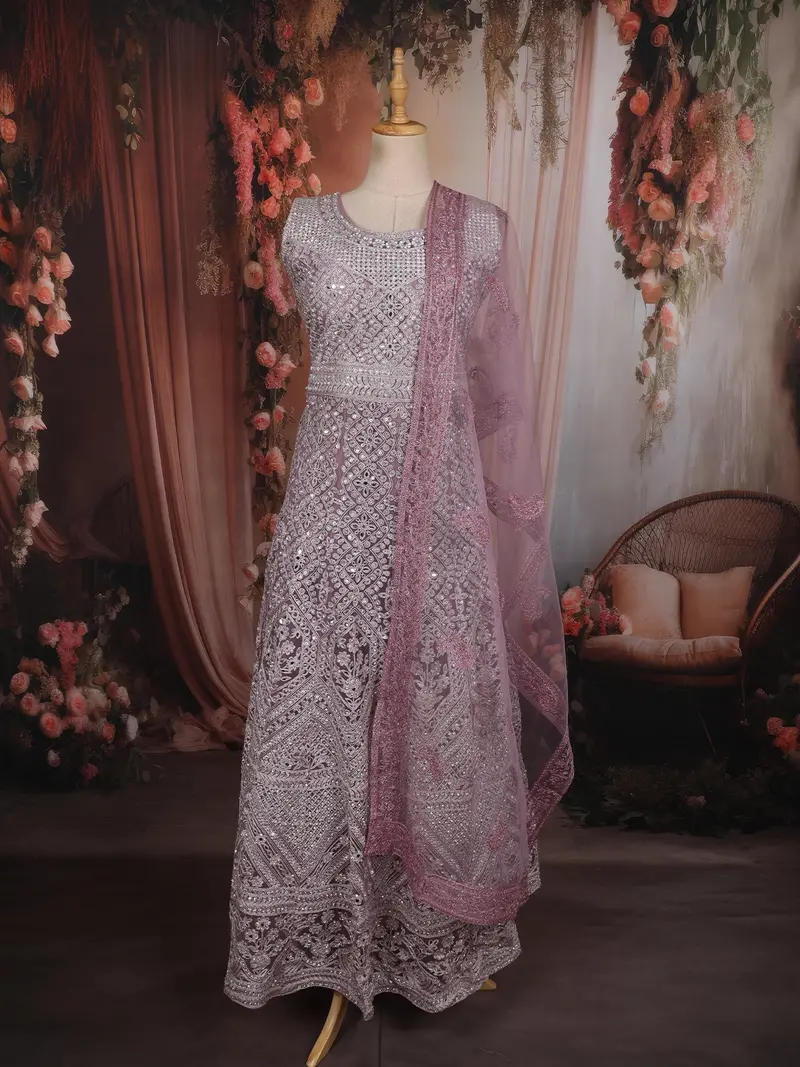 Onion Pink Floral Thread And Mirror Embroidered Design Net Anarkali Gown With Dupatta 2