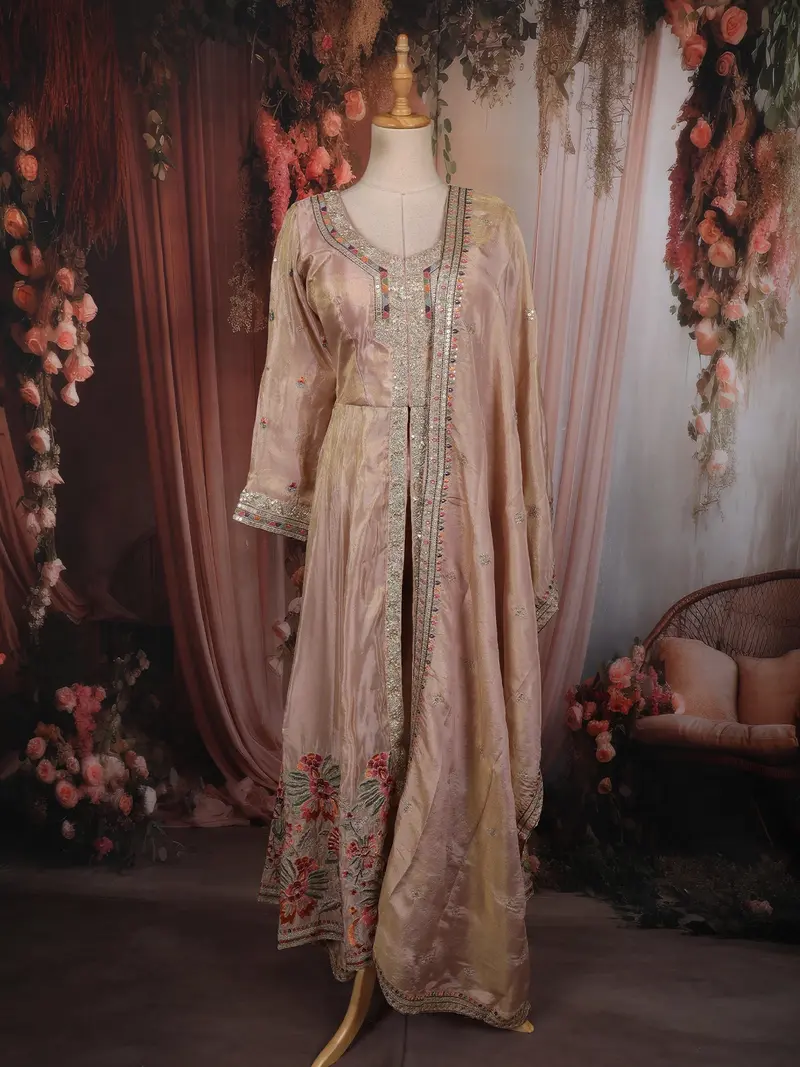 Onion Pink Floral Thread And Sequins Embroidered Design Organza Mastani Palazzo Suit 1