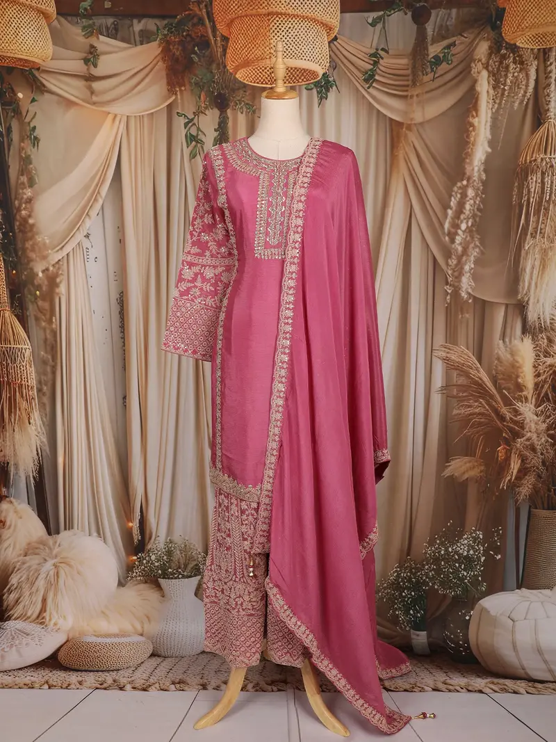 Onion Pink Floral Thread Embroidered Design Crepe Palazzo Suit 1