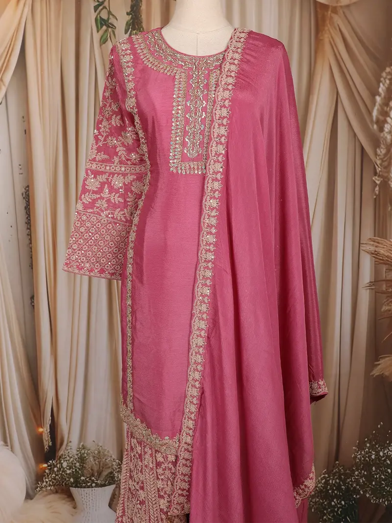 Onion Pink Floral Thread Embroidered Design Crepe Palazzo Suit 2