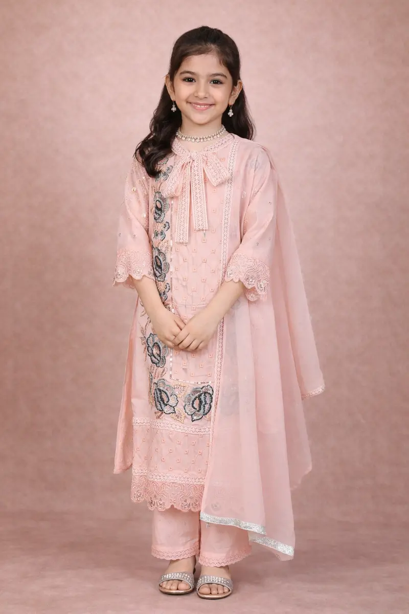 Onion Pink Floral Thread Embroidered Design Georgette Kids Salwar Suit 1