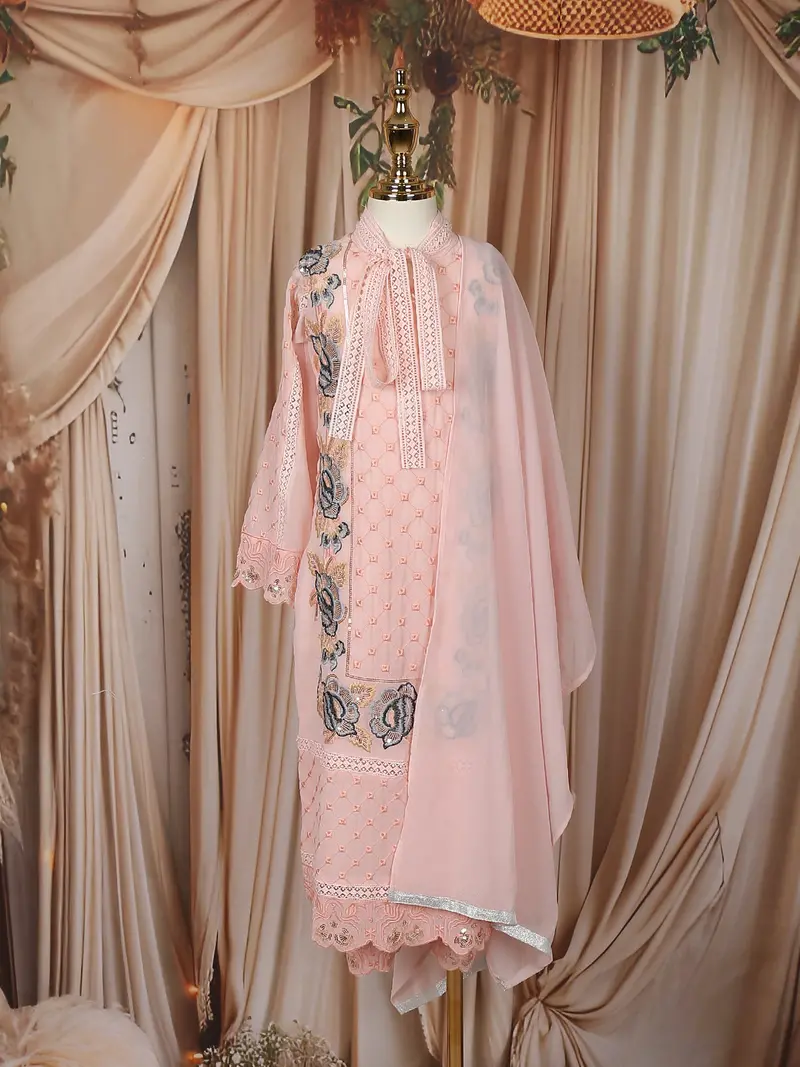 Onion Pink Floral Thread Embroidered Design Georgette Kids Salwar Suit 2