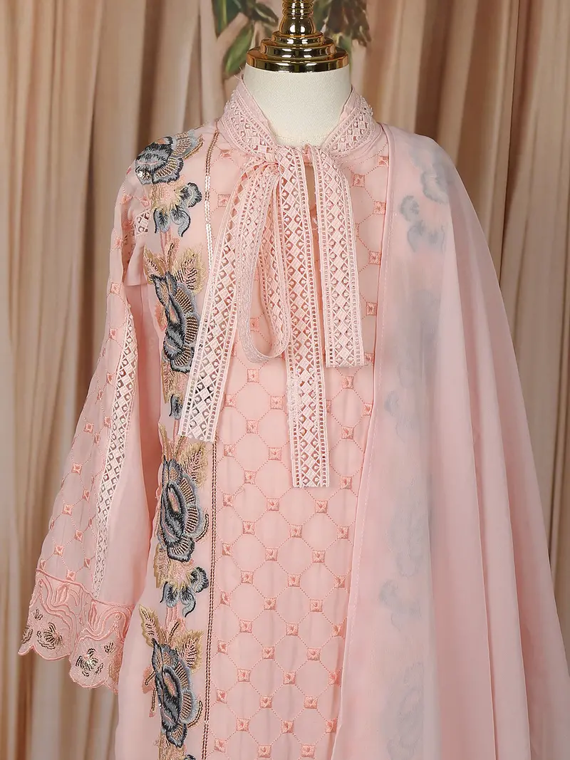 Onion Pink Floral Thread Embroidered Design Georgette Kids Salwar Suit 3