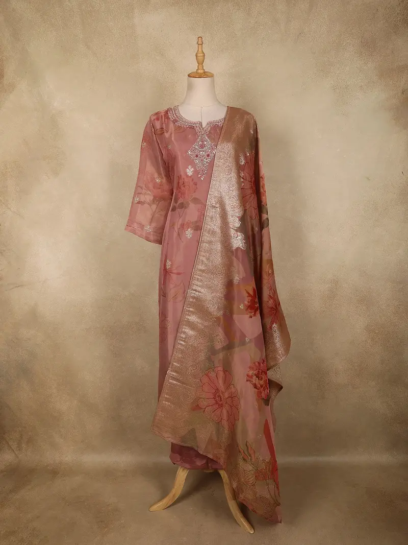 Onion Pink Floral Thread Embroidered Design Tissue Silk Straight Cut Salwar Suit 1