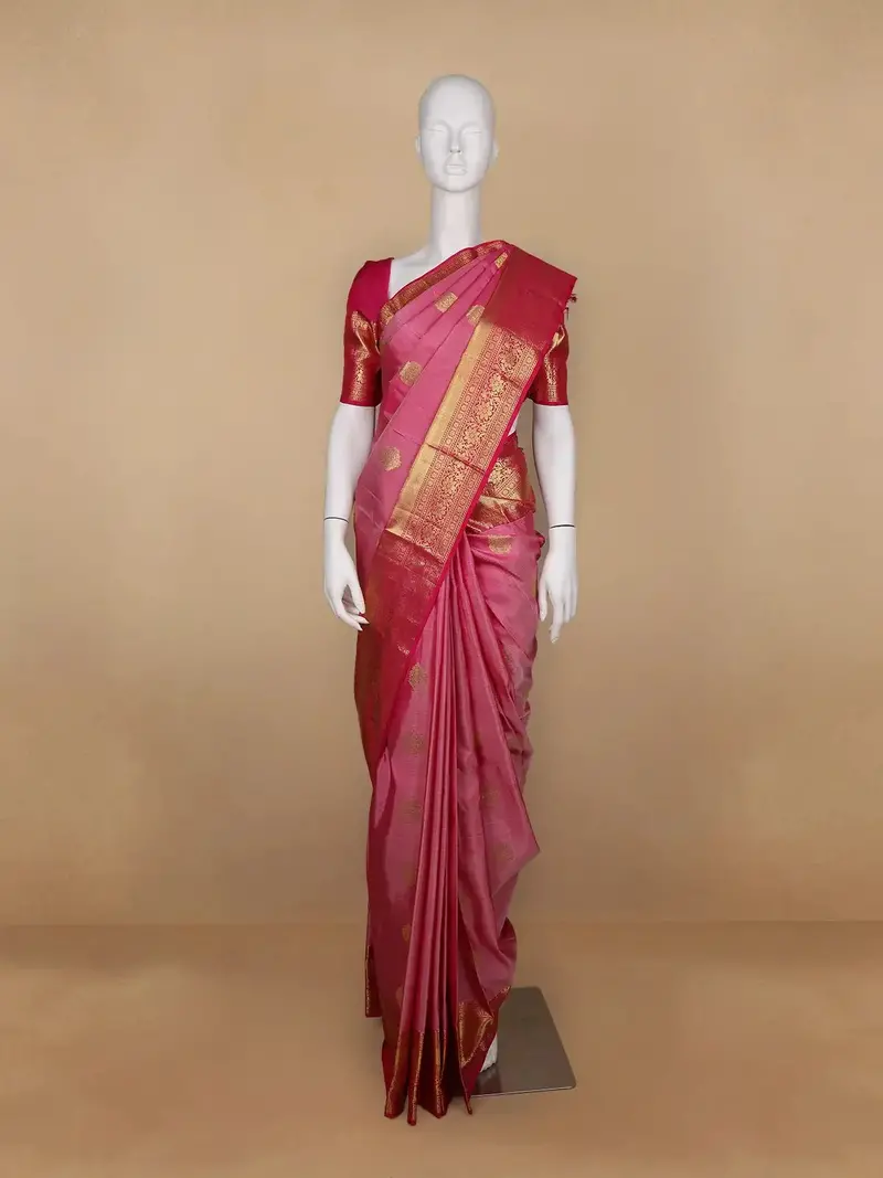 Onion Pink Floral Woven Pure Kanchipuram Silk Saree 1