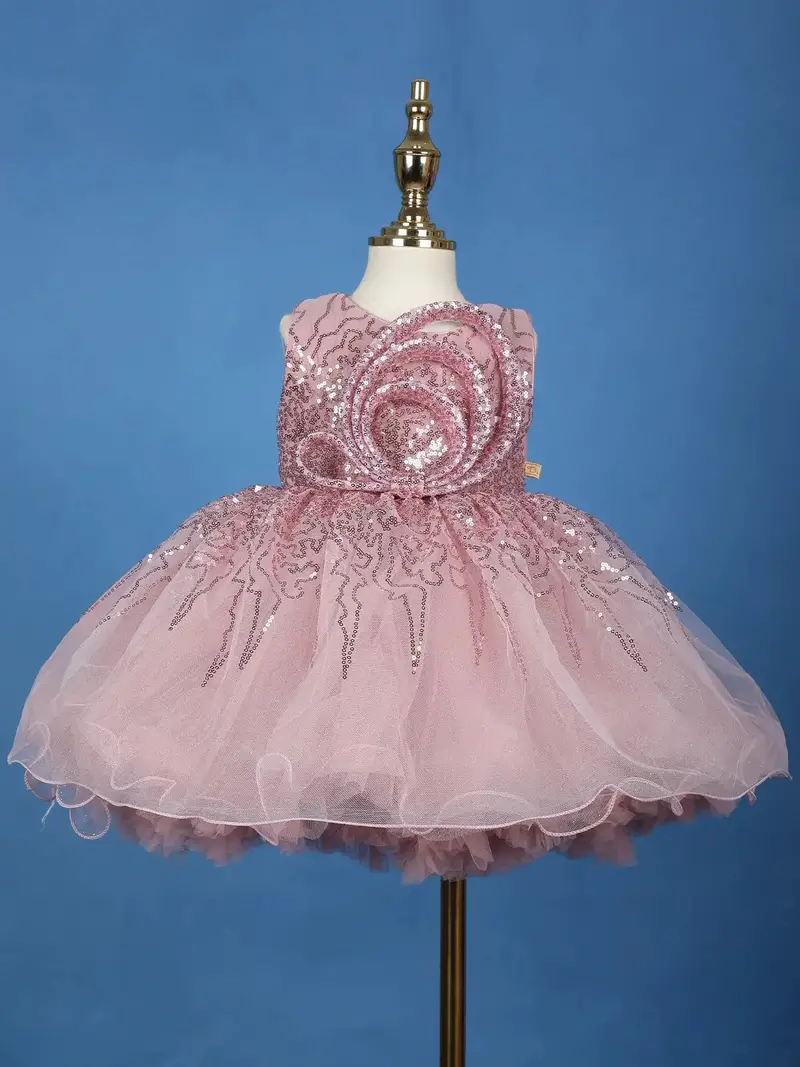 Onion Pink Glitter One-Shoulder Party Net Frock With Oversized Bow 1