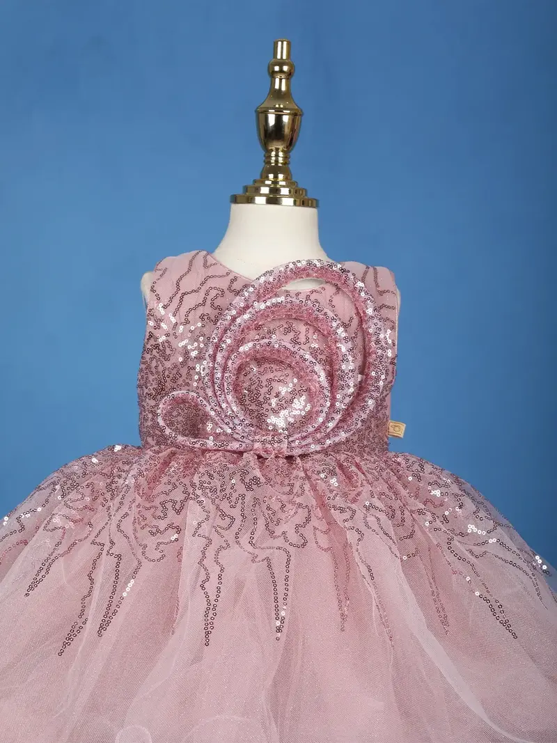 Onion Pink Glitter One-Shoulder Party Net Frock With Oversized Bow 2