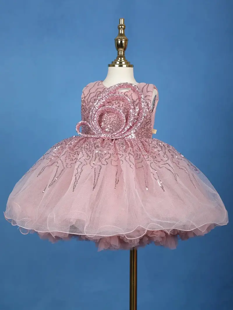 Onion Pink Glitter One-Shoulder Party Net Frock With Oversized Bow 3