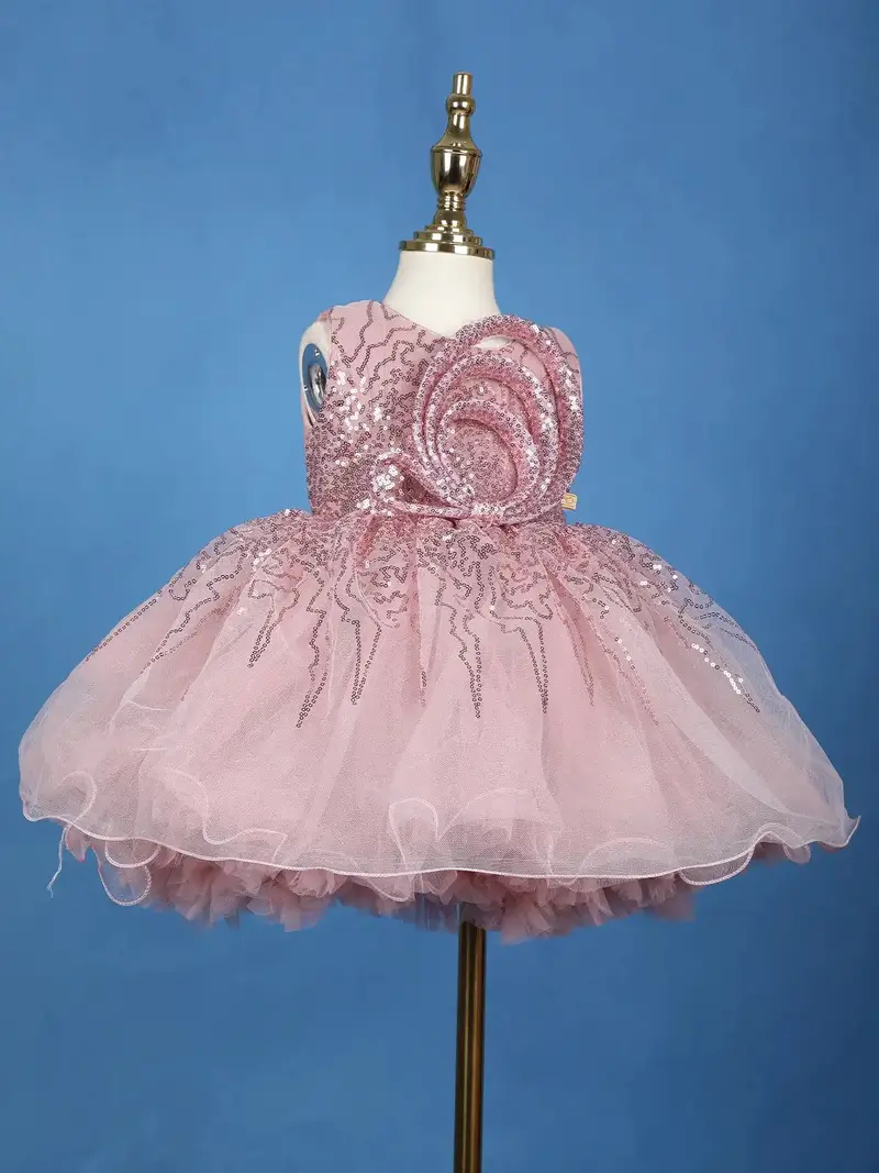 Onion Pink Glitter One-Shoulder Party Net Frock With Oversized Bow 4