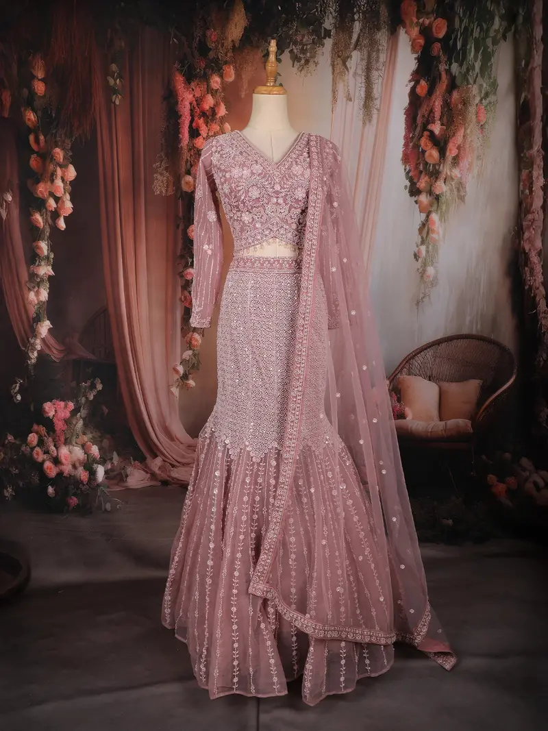 Onion Pink Heavy Sequins And Beads Embroidered Design Mermaid Net Lehenga With Dupatta 1