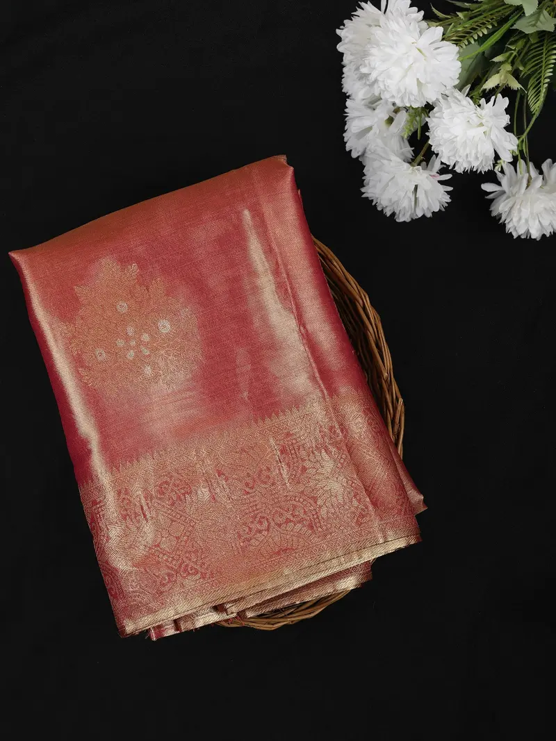 Onion Pink Leaf Zari Woven Design Tissue Silk Fancy Saree With Zari Border 1