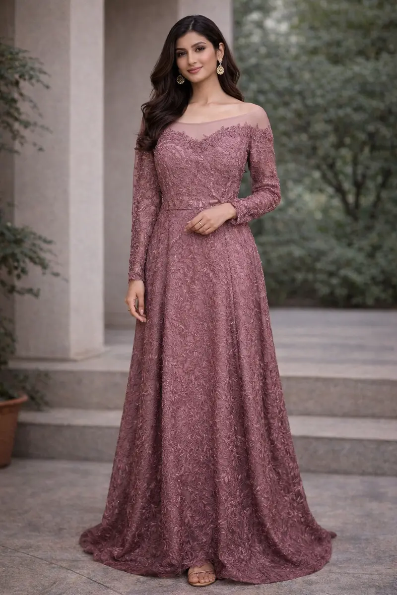 Onion Pink Net Gown With Embroidery, Stone Floral And Bishop Sleeves 1