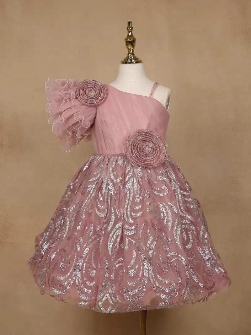 Onion Pink One-Shoulder Glitter Frock With 3D Spiral Rosettes 1