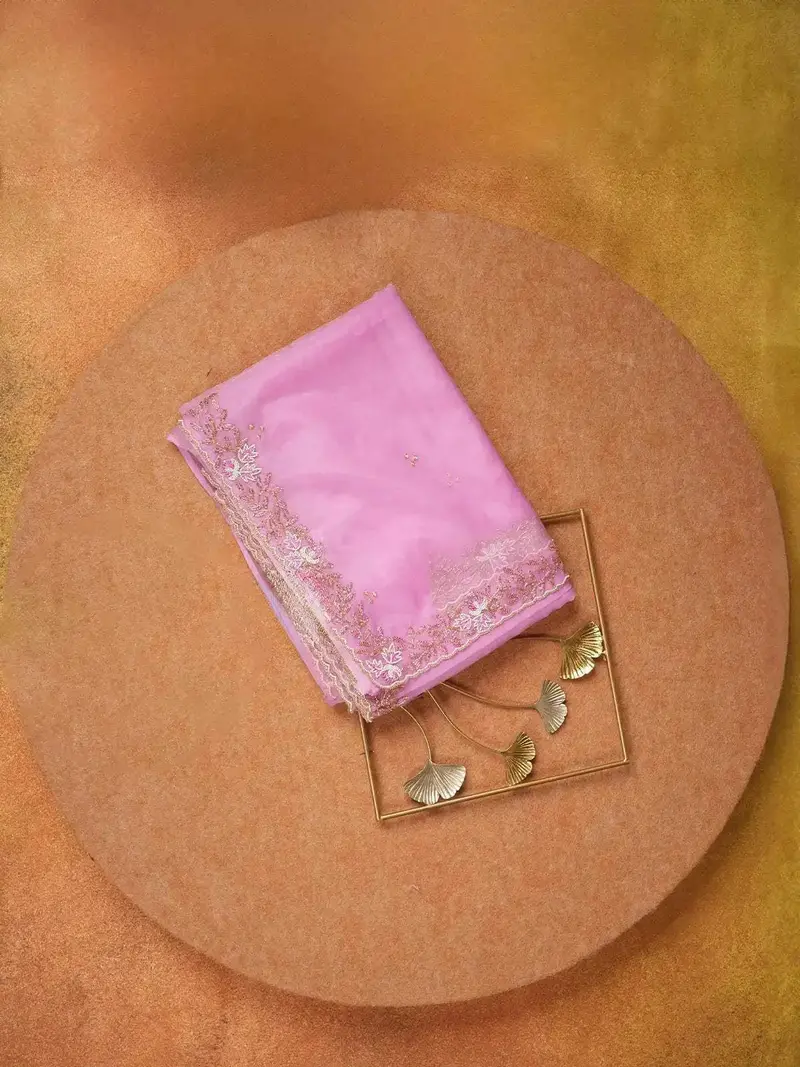 Onion Pink Organza Saree With Embroidery Design On The Body And With Designed Border 1