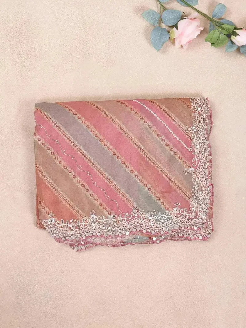 Onion Pink Organza Saree With Stripes On The Body And Floral Embroidery Border 1