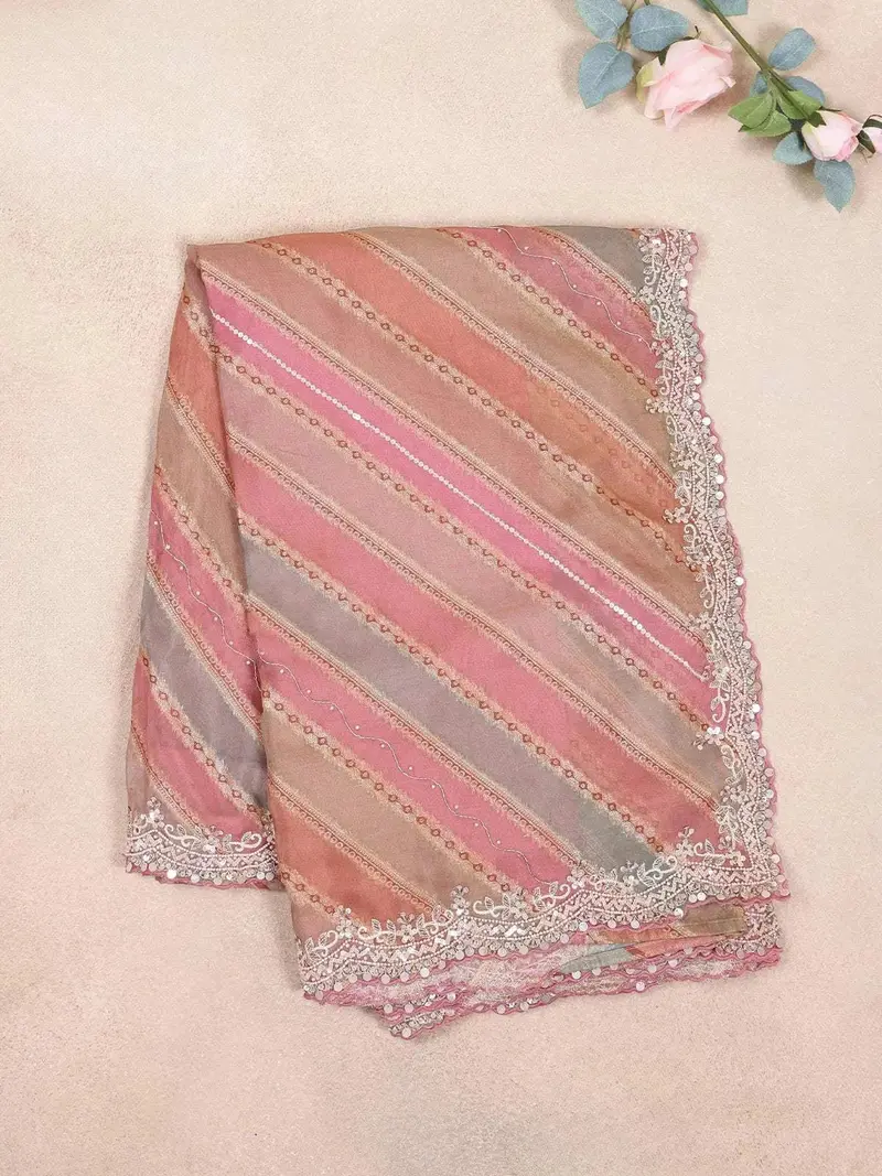 Onion Pink Organza Saree With Stripes On The Body And Floral Embroidery Border 2